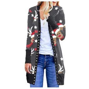 Kerst Vest Vrouwen Lange Mouw Xmas Trui Casual Open Front Jas